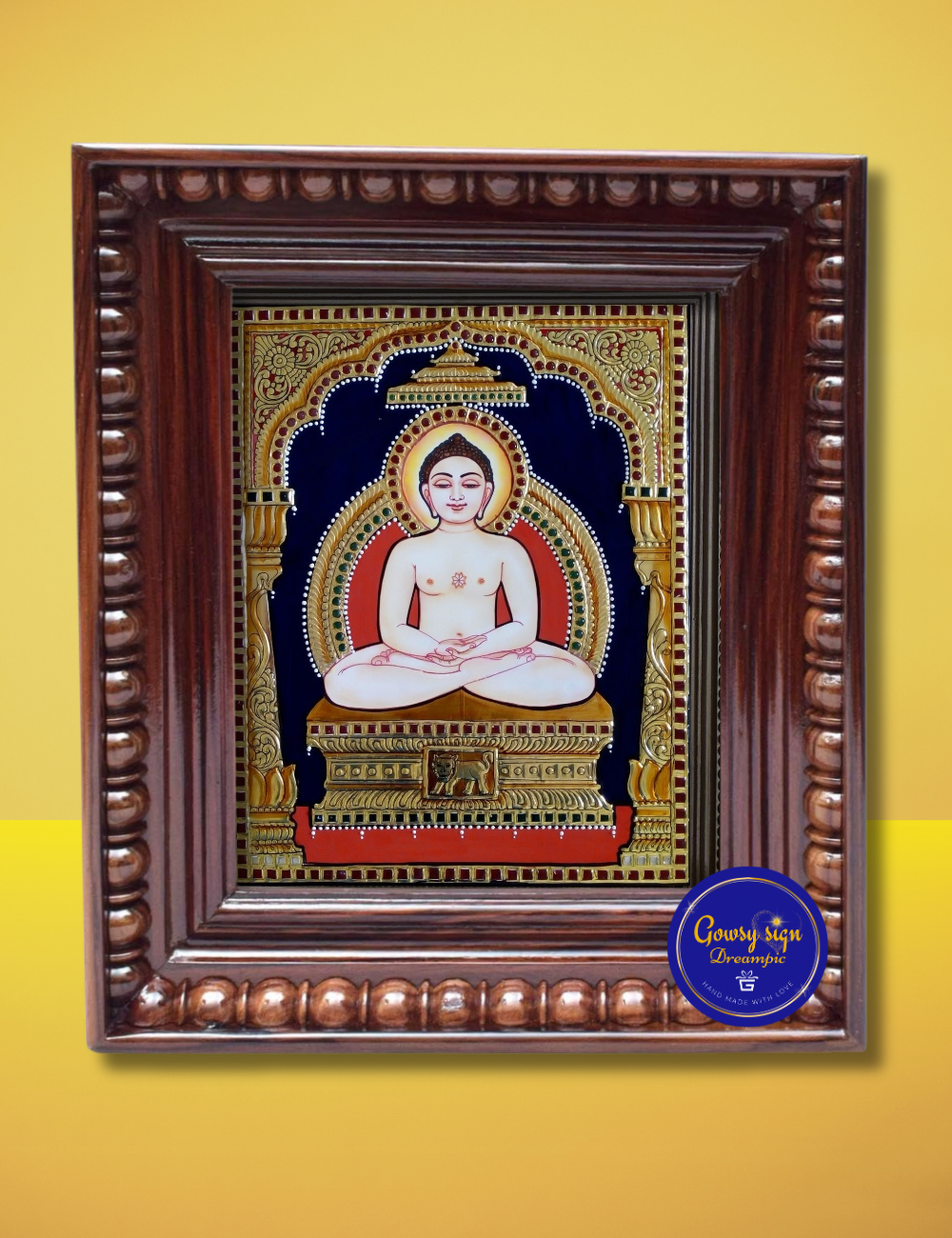 Mahaveer Tanjore Painting – Lord Mahavira in Traditional Gold Foil Art | Jain Spiritual Decor