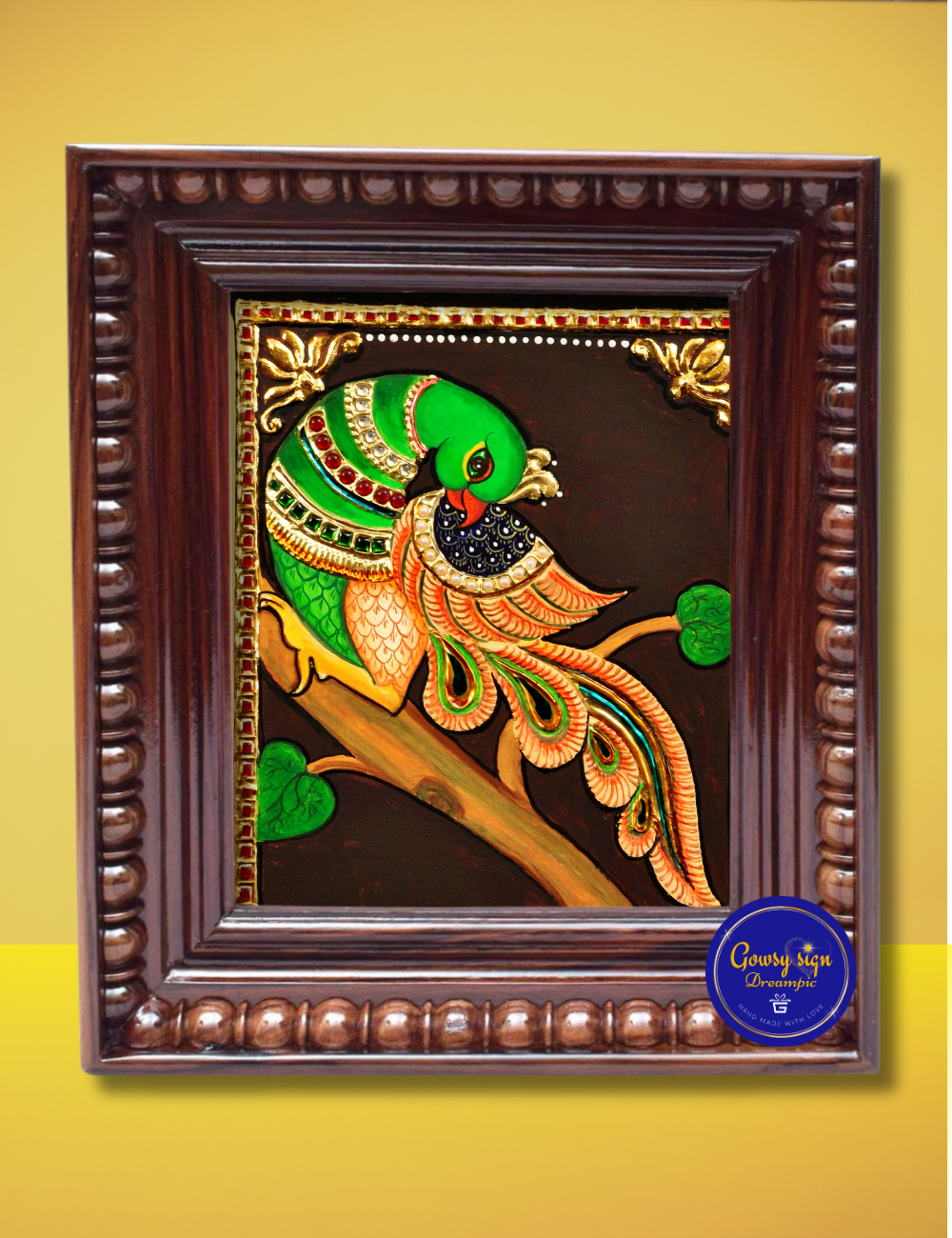 Parrot on Tree – Traditional Tanjore Painting with 24k Gold Foil | Vibrant Symbol of Beauty and Nature