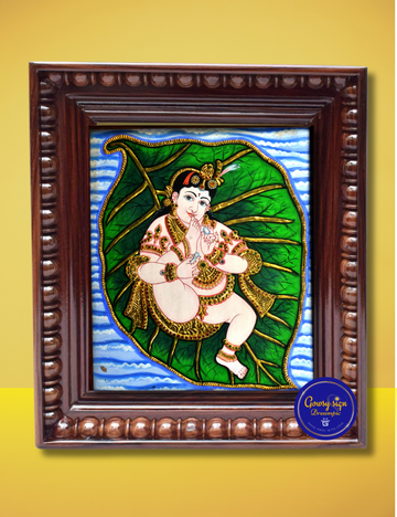 Bala Krishna on Banyan Leaf – Tanjore Painting with 24k Gold Foil | Divine Baby Krishna Art
