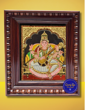Goddess Saraswathi – Tanjore Painting with 24k Gold Foil | Divine Art of Wisdom, Music & Learning