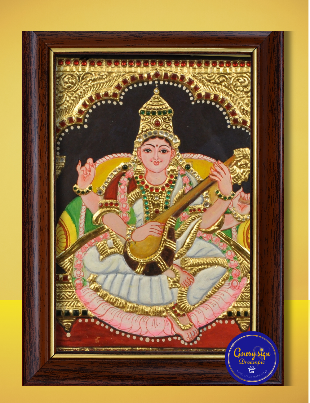 Goddess Saraswathi – Tanjore Painting with 24k Gold Foil | Divine Art of Wisdom, Music & Learning