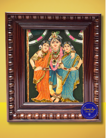 Lord Krishna with Bama and Rukmini – Tanjore Painting with 24k Gold Foil | Divine Love & Harmony in Traditional Art