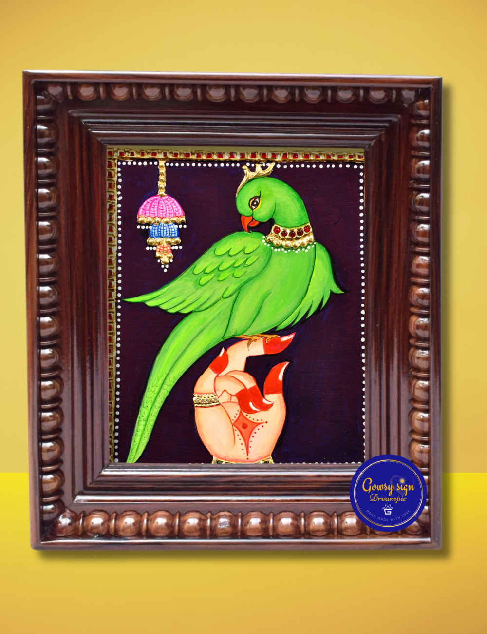 Single Parrot in Hand – Tanjore Painting | Traditional South Indian Artwork with Gold Foil Detailing