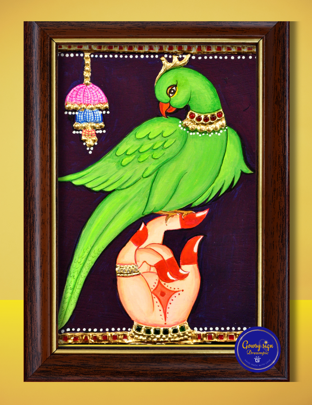Single Parrot in Hand – Tanjore Painting | Traditional South Indian Artwork with Gold Foil Detailing