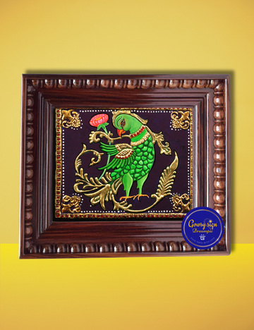 Golden Parrot – Traditional Tanjore Painting with 24k Gold Foil | Radiant Symbol of Wisdom and Prosperity