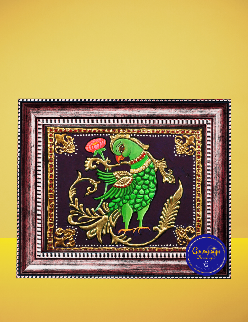 Golden Parrot – Traditional Tanjore Painting with 24k Gold Foil | Radiant Symbol of Wisdom and Prosperity