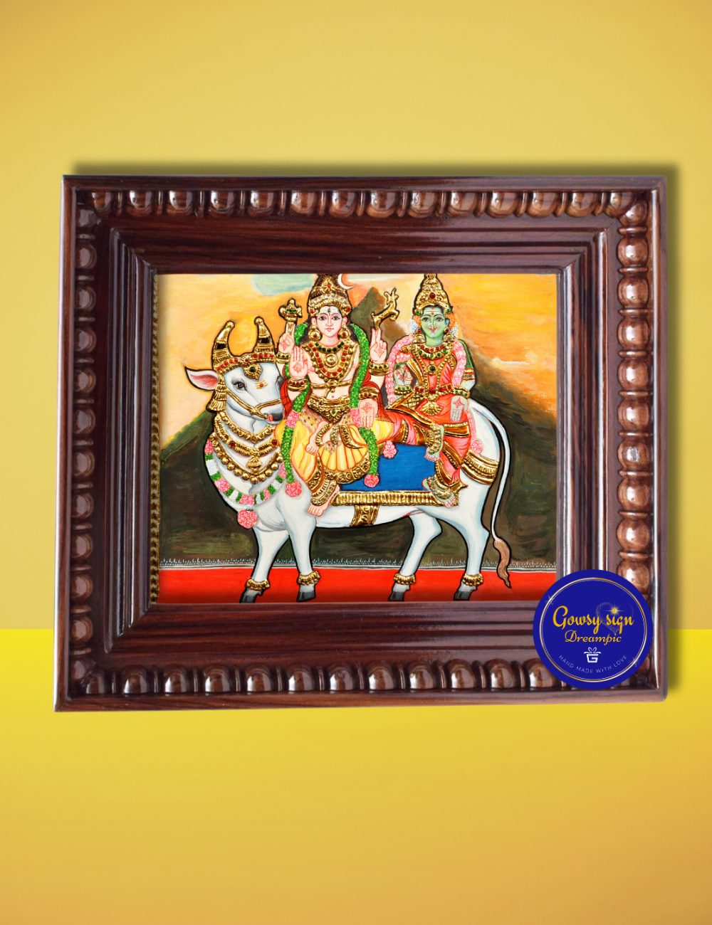 Shiva Parivar on Nandi – Tanjore Painting | Lord Shiva with Family in Traditional Gold Foil Artwork