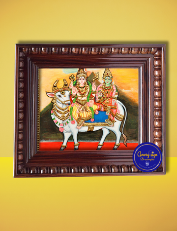 Shiva Parivar on Nandi – Tanjore Painting | Lord Shiva with Family in Traditional Gold Foil Artwork
