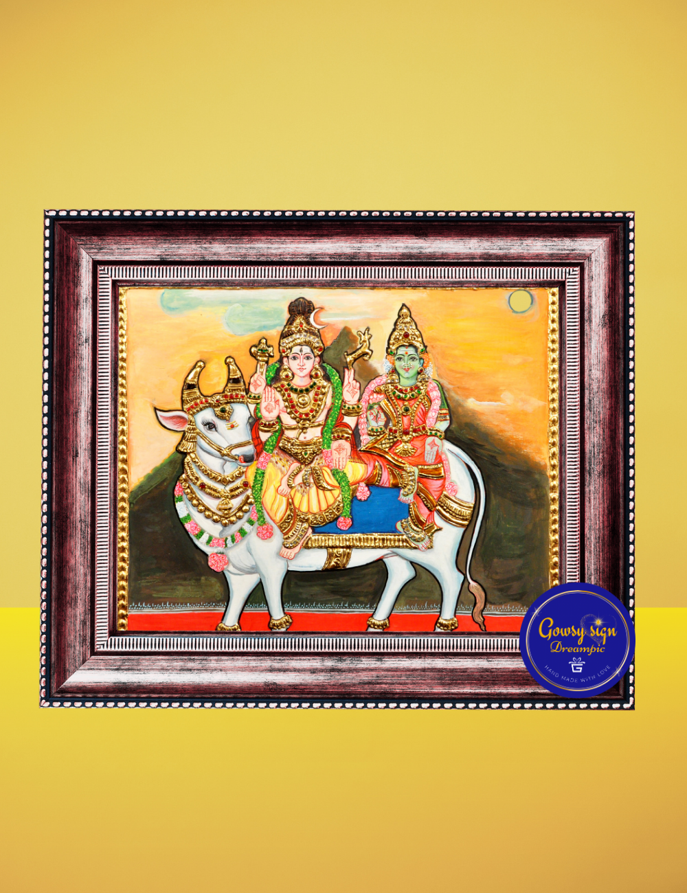 Shiva Parivar on Nandi – Tanjore Painting | Lord Shiva with Family in Traditional Gold Foil Artwork