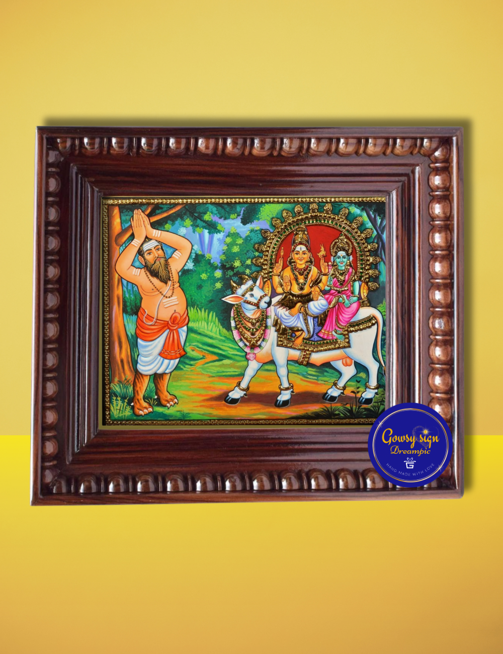 Vyaghrapada Rishi Praying to Lord Shiva & Parvathi Devi – Traditional Tanjore Painting in 24k Gold Foil