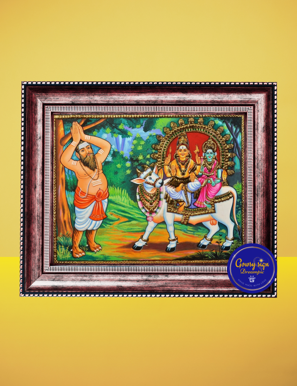 Vyaghrapada Rishi Praying to Lord Shiva & Parvathi Devi – Traditional Tanjore Painting in 24k Gold Foil