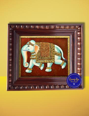 White Pattathu Yanai – Royal White Elephant Tanjore Painting with 22k Gold Foil | Symbol of Prosperity & Power